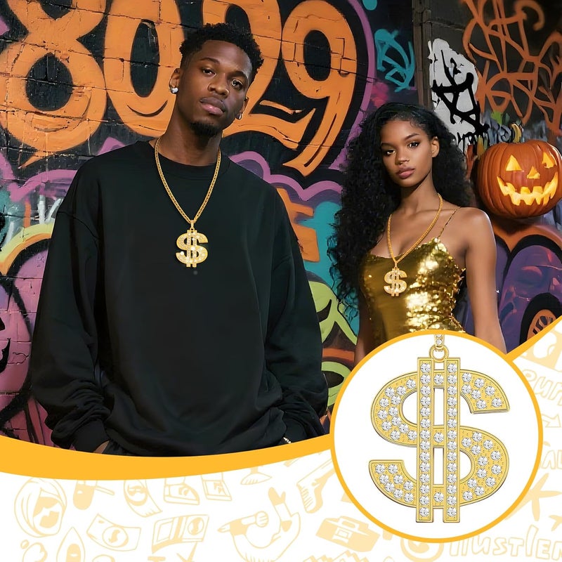 ROMASS 2 Pcs Dollar Necklace for Men,Gold/Silver Plated Chain for Men with Dollar Sign Pendant Necklaces, 80/90s Hip Hop Dollar Necklace Halloween Gifts - Image 3
